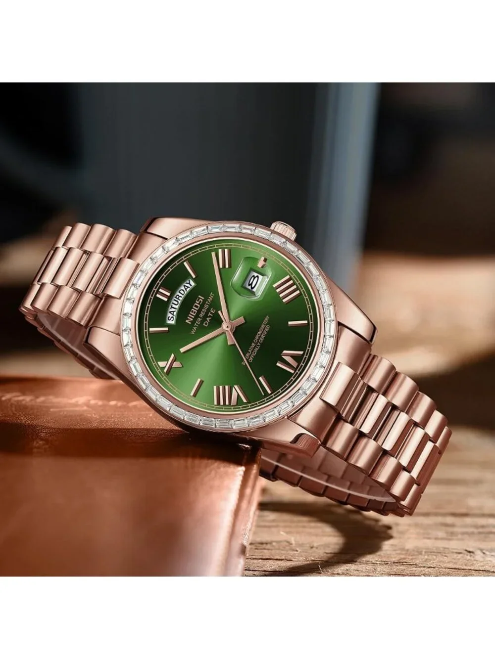 Nibosi Men's Rose Green Analog Quartz Diamond Bezel Stainless Waterproof Watch